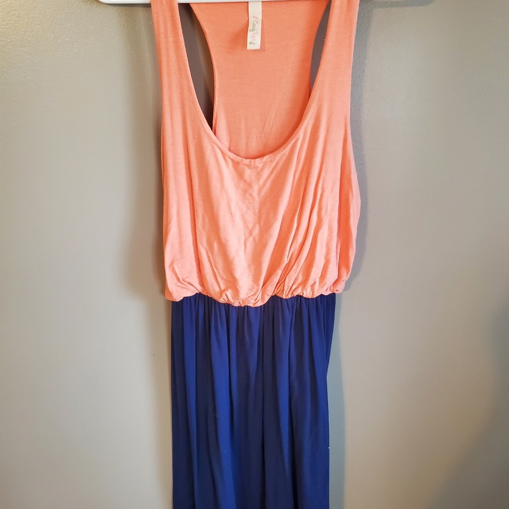 Boutique Coral & Navy Blue knee length dress;